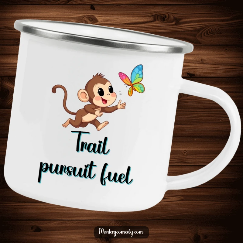 Funny Monkey Chasing Butterfly Camping Mug: Durable mug with a cheerful monkey chasing a butterfly, ideal for outdoor adventures and morning coffee.