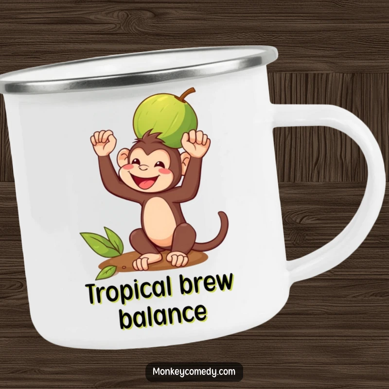 Funny Camping Mug: A monkey grins while balancing a coconut on its head, a humorous scene for outdoor enthusiasts.