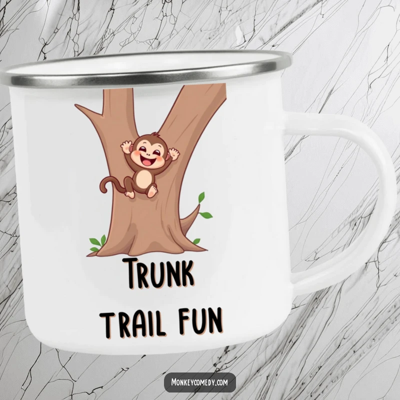 Funny monkey camping mug featuring a gleeful monkey sliding down a tree trunk, designed for outdoor enjoyment and jungle fun.