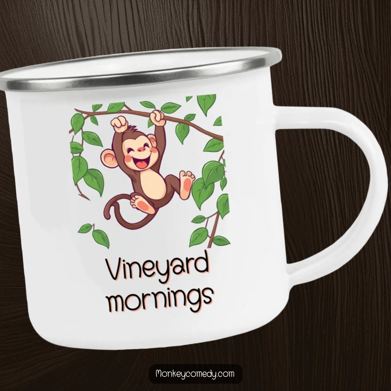 Funny monkey camping mug featuring an enthusiastic monkey swinging from a vine, designed for outdoor enjoyment and jungle fun.
