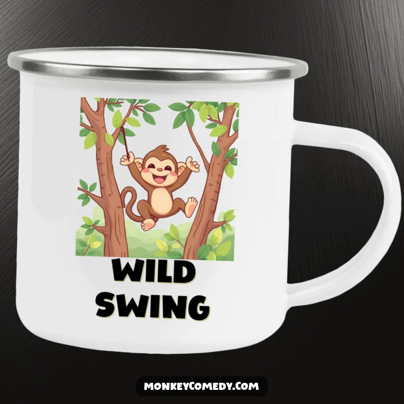 Funny Kawaii Monkey Camping Mug: A sturdy enamel mug with a cute monkey swinging happily through trees, ideal for outdoors.