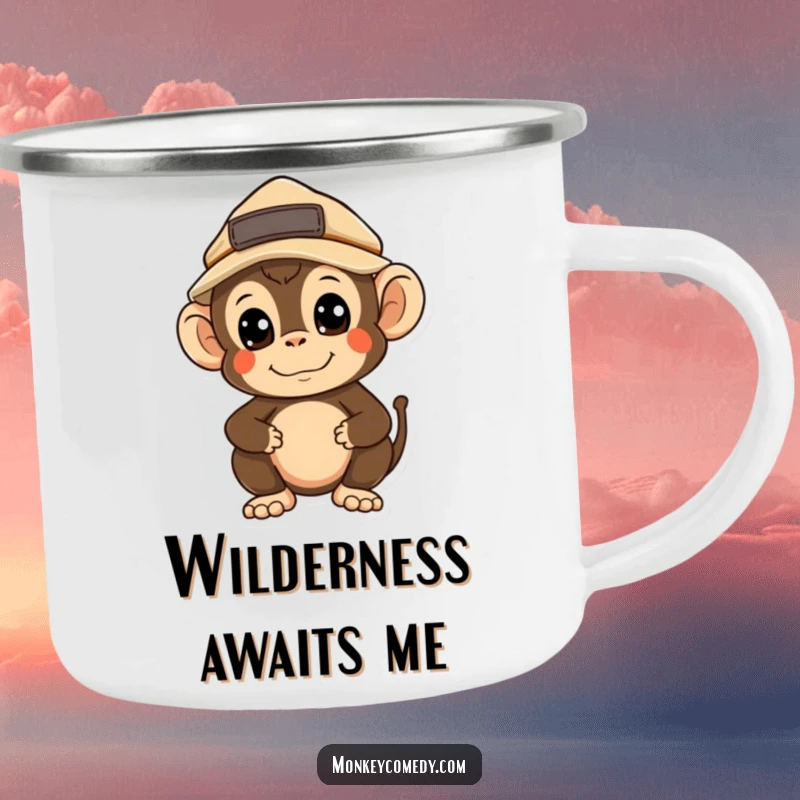 Funny Kawaii Monkey Explorer Camping Mug: A curious monkey in an explorer hat looks around, bringing humor to your outdoor brew.