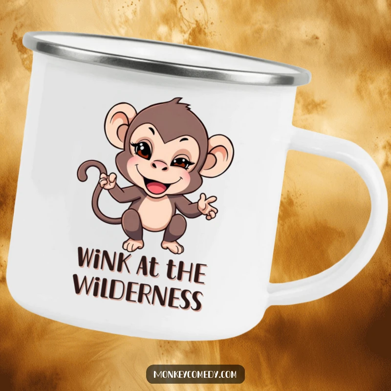 Funny camping mug with a monkey giving a mischievous wink, ready for adventures with a playful secret.