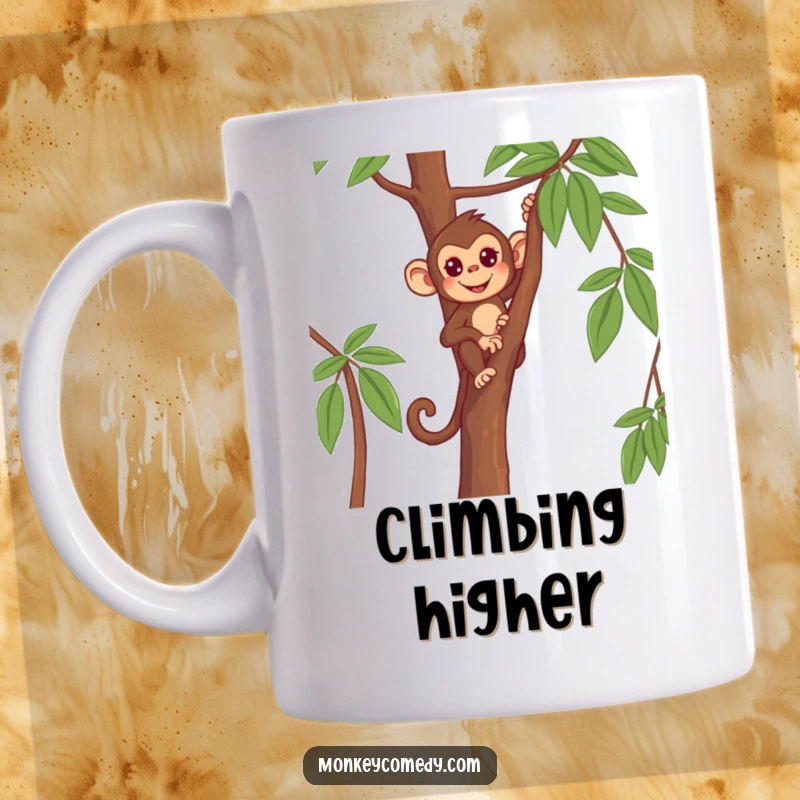 Funny Monkey Mug shows a determined primate scaling a tall, thin tree, symbolizing ambition and humor.