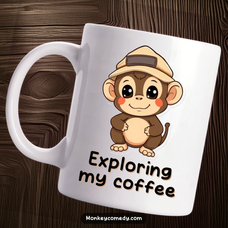 Funny Kawaii Monkey Explorer Mug: A cute monkey in an explorer hat looks around with curiosity, ready for a hilarious adventure.