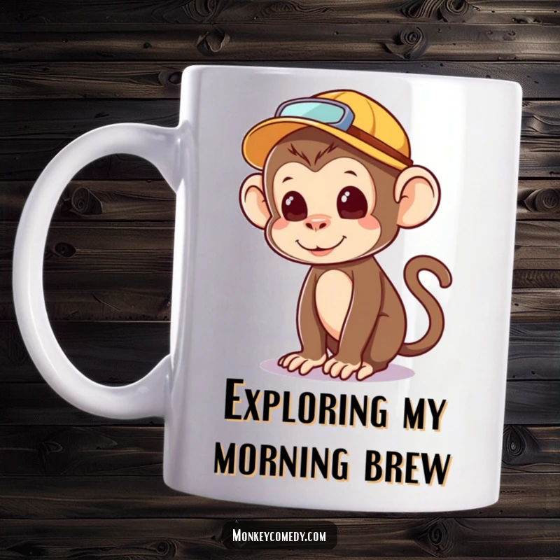 Funny kawaii monkey mug, wearing explorer hat, looking around with curiosity, adorable adventurer, perfect gift.