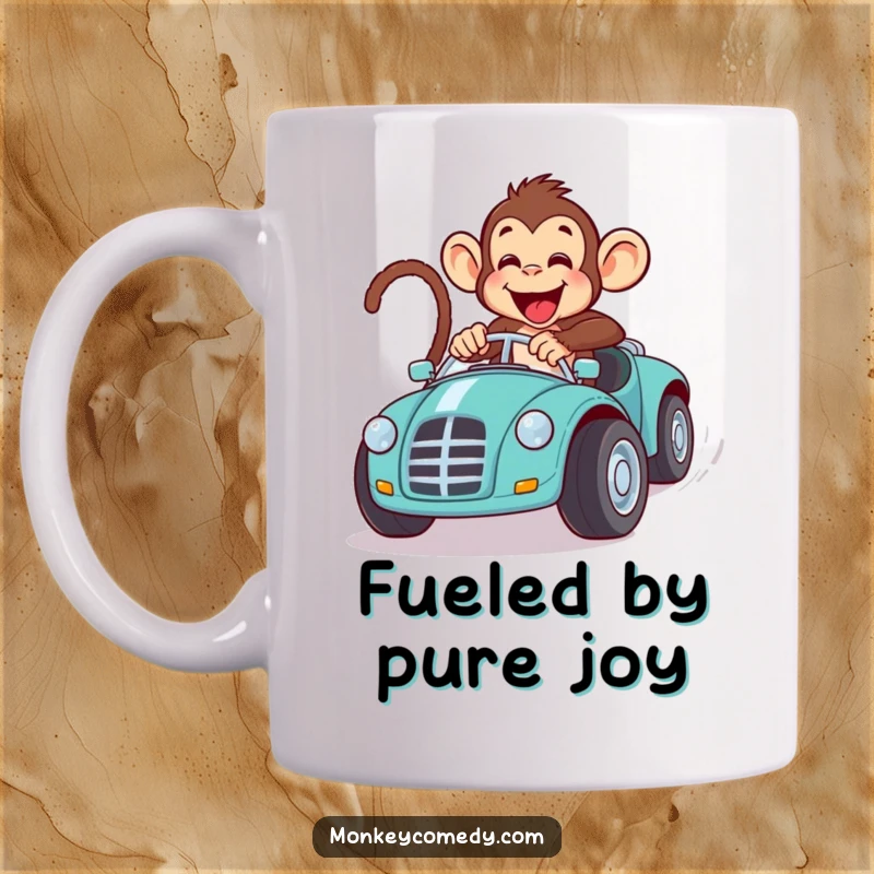 Funny monkey excitedly racing an oversized toy car, looking determined and thrilled, capturing a moment of pure, comical speed.