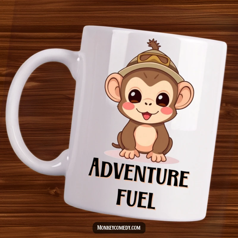 Funny Kawaii Monkey Explorer Mug: A cute monkey wearing a small explorer hat, looking excited for adventure.