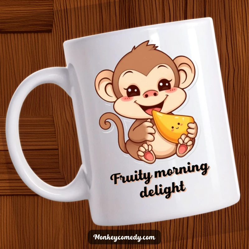 Funny ceramic mug featuring an adorable kawaii monkey with a mischievous grin happily eating a piece of fruit.