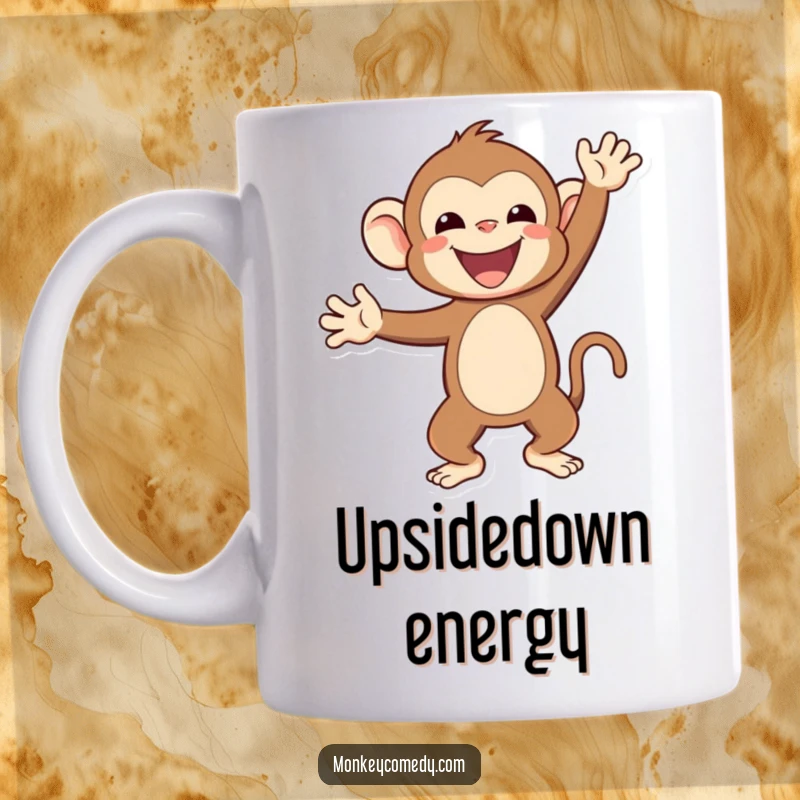 Funny Kawaii monkey doing a happy, balanced handstand, cartoon style on a mug.