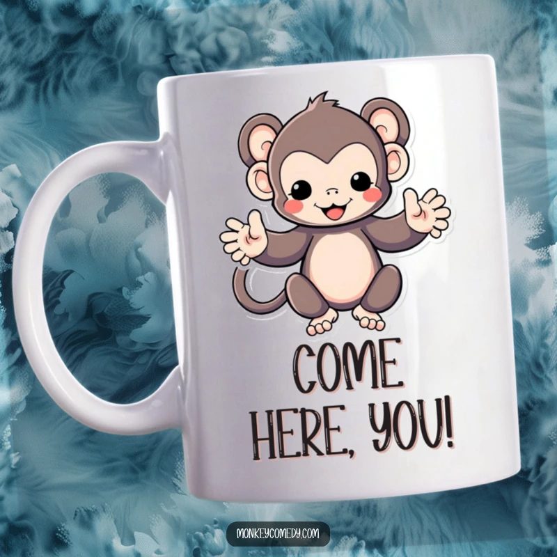 Funny Kawaii monkey with arms spread wide in a welcoming, loving embrace against a white background, cartoon style.