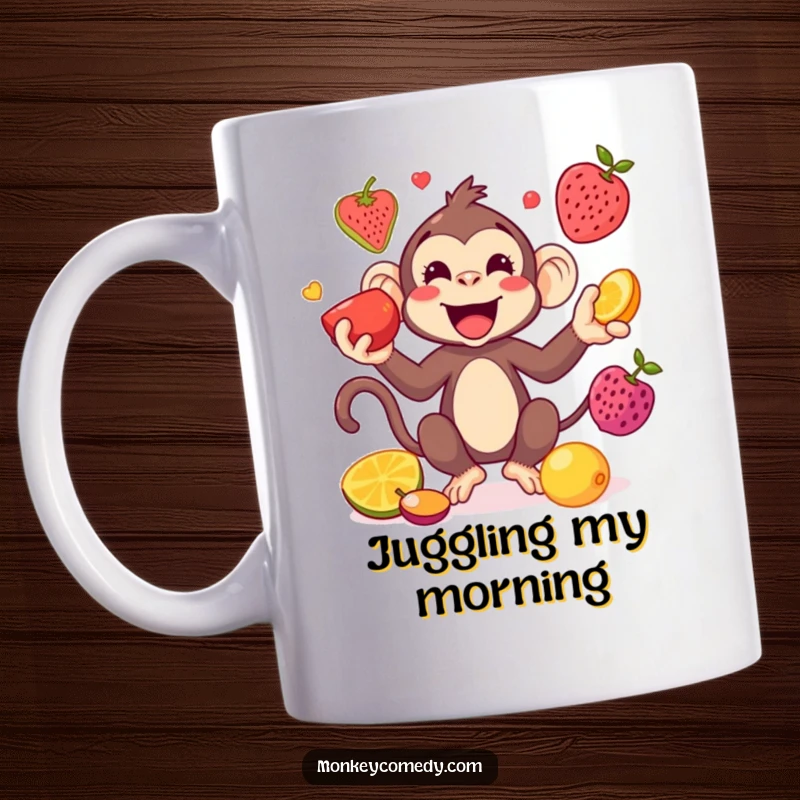 Funny Kawaii Monkey Juggling Mug: A playful monkey expertly juggles colorful fruits, bringing a cheerful and humorous vibe.