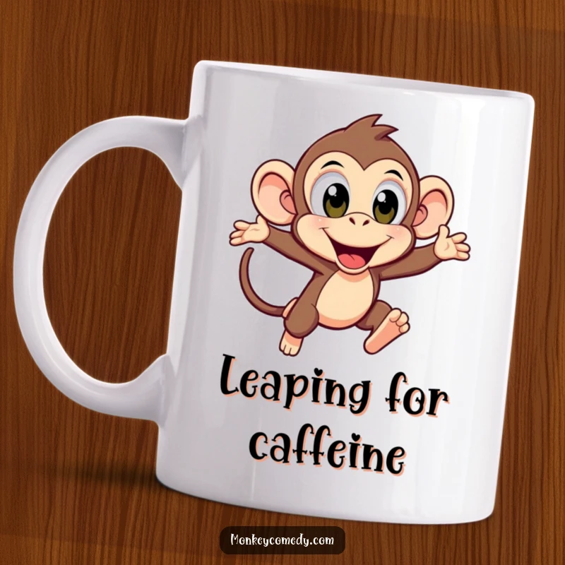 Funny Kawaii Monkey Leaping Mug: An excited monkey with big eyes leaps forward energetically, capturing pure joy and excitement.