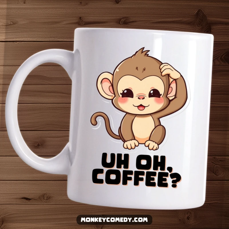 Funny Kawaii Monkey Mug with a cute monkey making a silly expression and scratching its head, a humorous and relatable accessory.