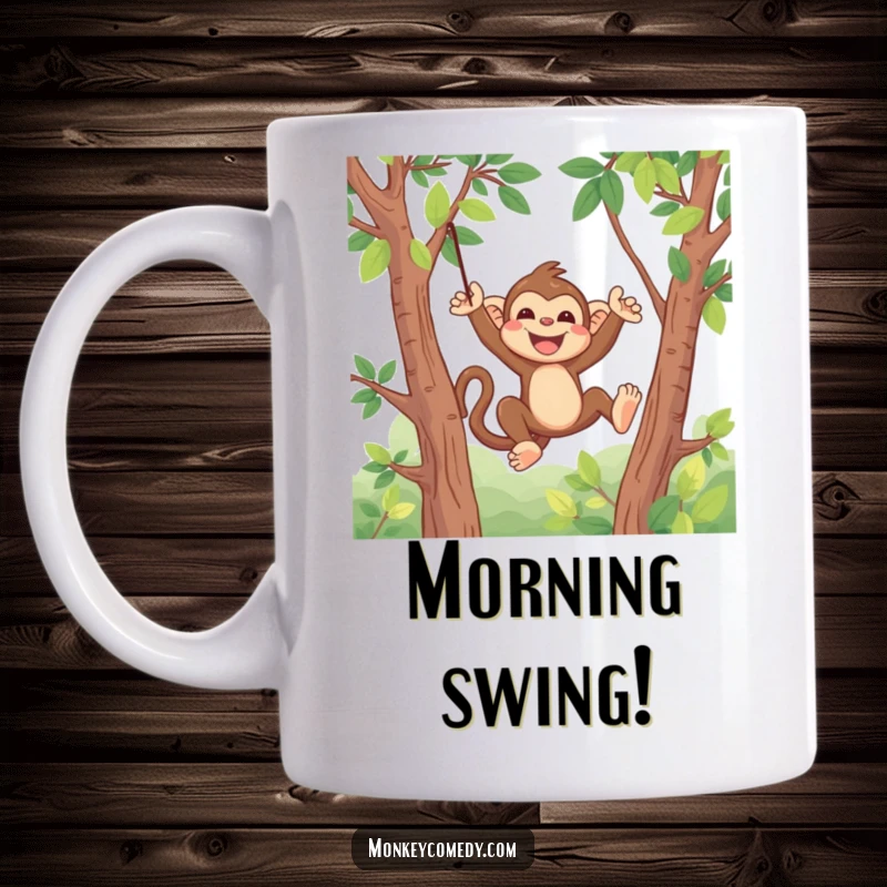 Funny Kawaii Monkey Swing Mug: A cute monkey joyfully swinging from tree branches, capturing pure happiness.