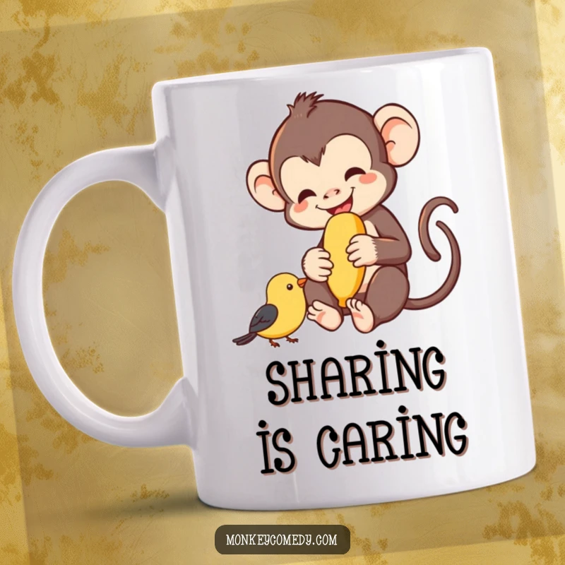 Funny monkey happily sharing a banana with a small friendly bird, joyful expressions, humorous mug, perfect funny gift.