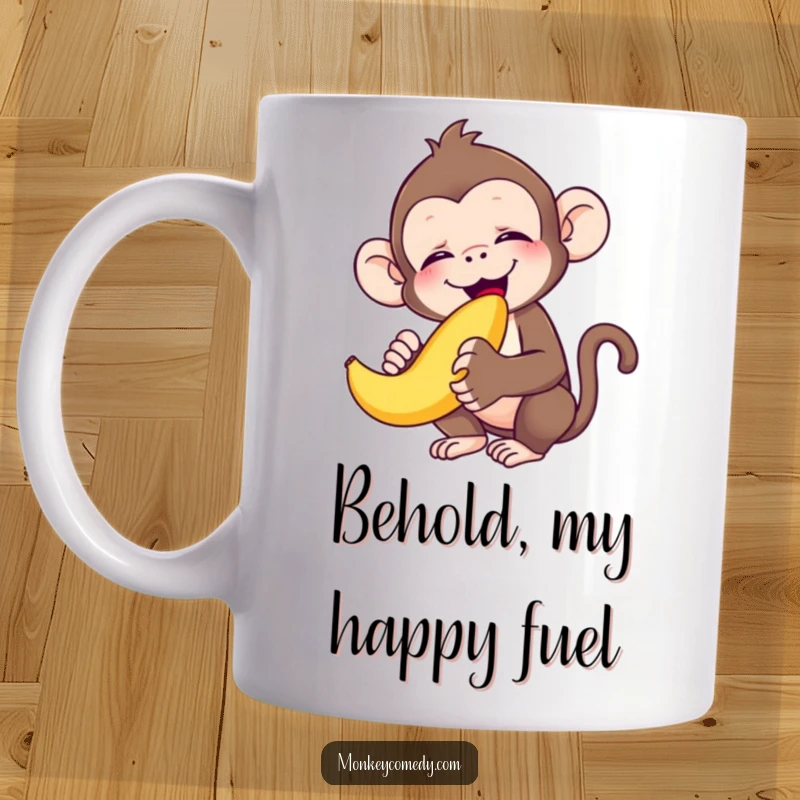 Funny monkey ecstatically eating a banana with eyes closed in bliss, perfect for a funny mug gift.