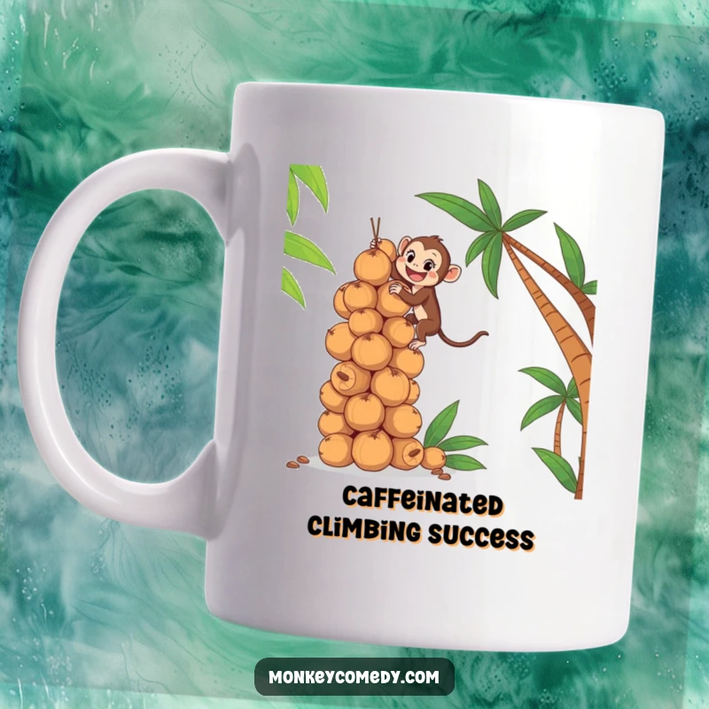Funny mug depicting an excited monkey energetically climbing a tall stack of coconuts, symbolizing effort and humor.