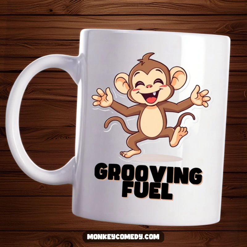 Funny monkey mug depicting an energetic character doing a funny dance with arms and legs flailing wildly, showcasing pure, uninhibited joy.