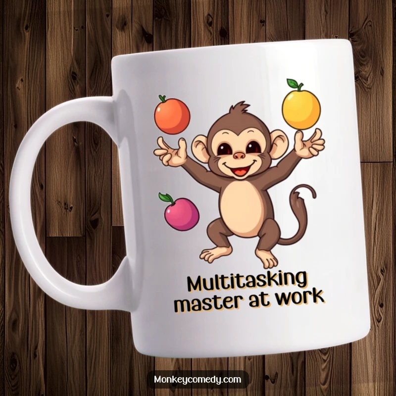 Funny Monkey Mug featuring a skilled monkey artistically juggling three brightly colored fruits, showcasing impressive dexterity and a playful attitude.
