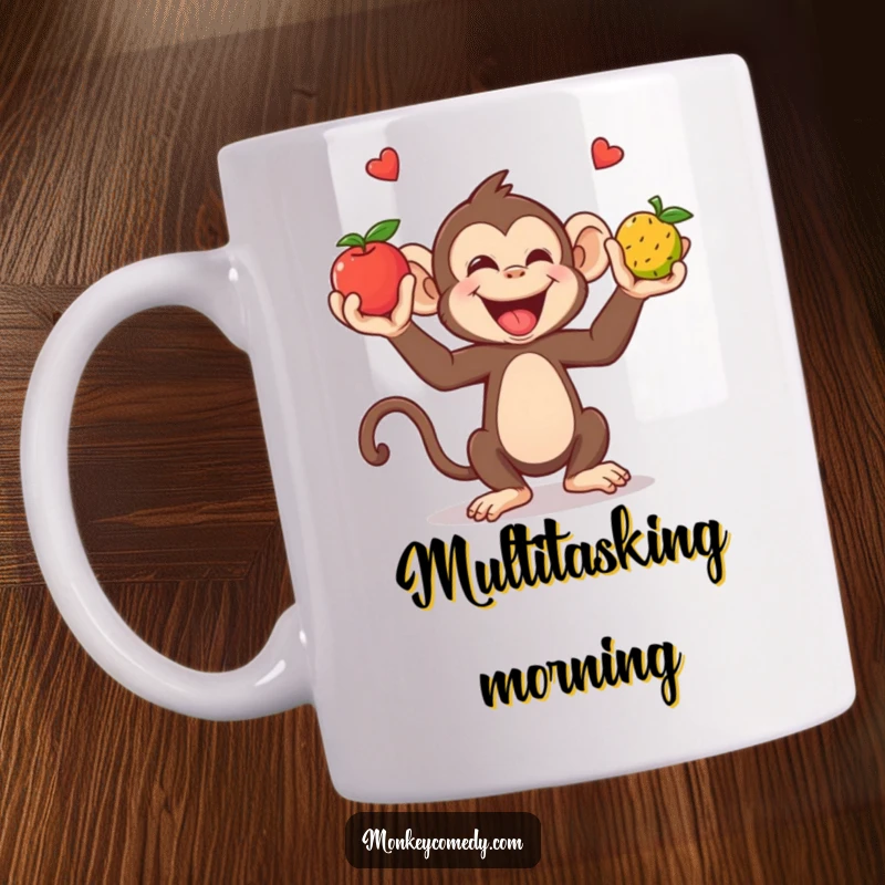 Funny Mug: A giggling monkey skillfully juggles three colorful fruits using its hands and feet with joy.