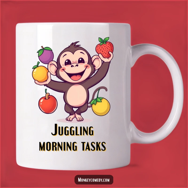 Funny Monkey Juggling Mug: Grinning Fruit Juggler Funny Gift Mug