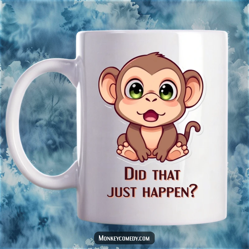 Funny Monkey Mug featuring a monkey with comically wide eyes, conveying an unmistakable expression of utter surprise and astonishment.