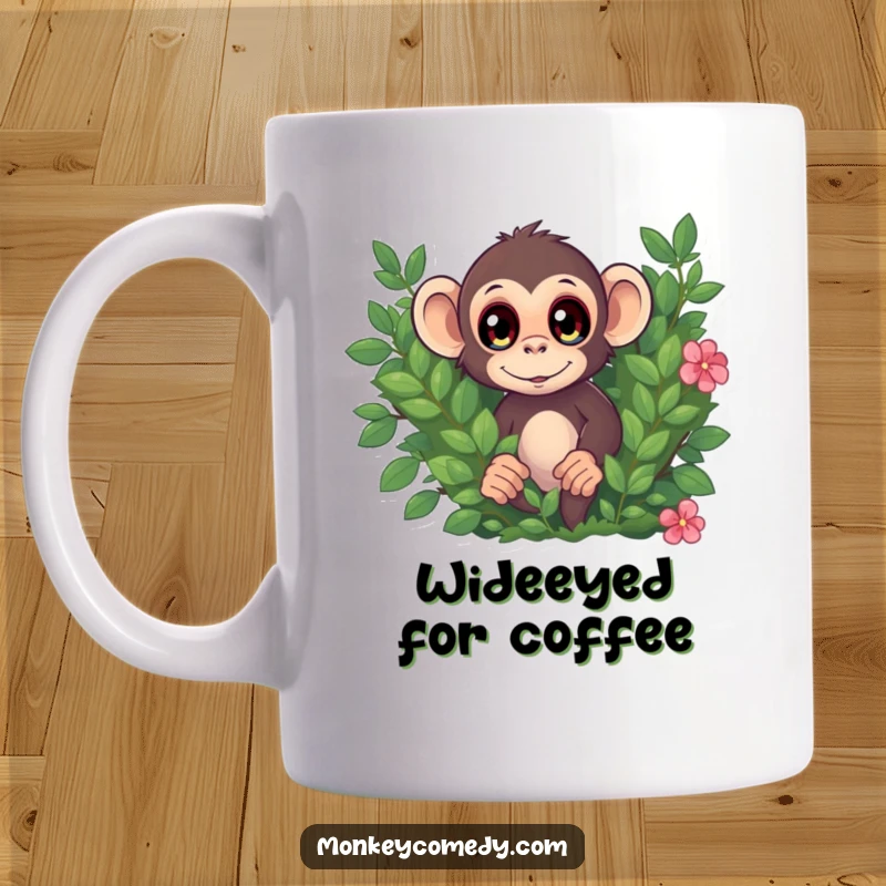 Funny mug featuring a monkey with wide, surprised eyes popping out from behind a green bush, conveying playful curiosity.