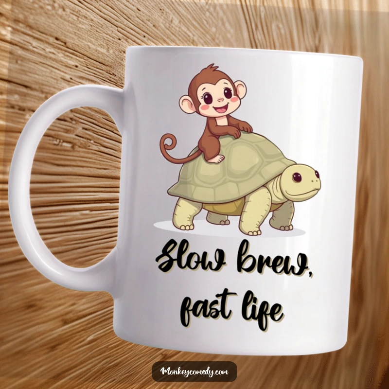 Funny mug depicting a monkey gleefully riding a tortoise, capturing a moment of joyful, unhurried adventure and companionship.