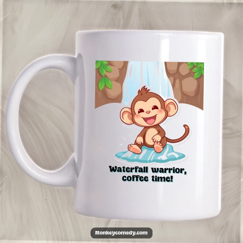 Funny mug featuring a joyful monkey gleefully sliding down a cascading waterfall, embodying wild adventure and happiness.