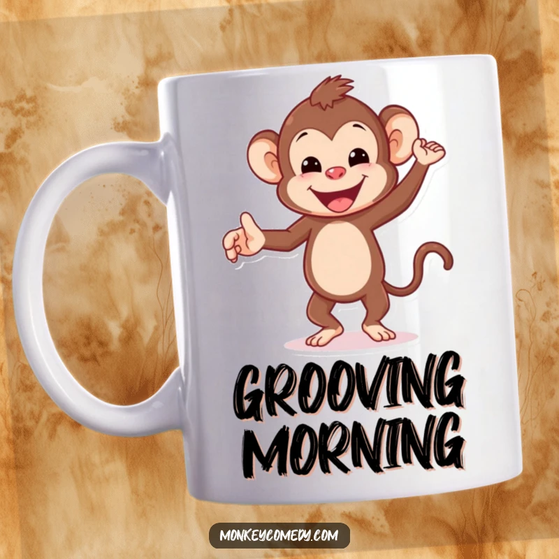 Funny Dancing Monkey Mug: A cheerful monkey grooves happily, spreading infectious joy and positive vibes with every sip.
