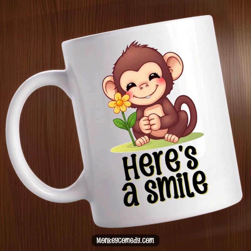 Funny Monkey Flower Mug: A smiling monkey gently offers a small, bright flower, embodying kindness, sweetness, and heartfelt gestures.