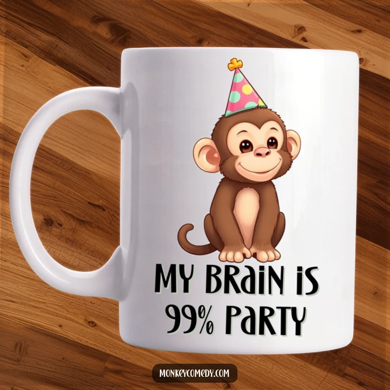 Funny Monkey Mug featuring a cheerful monkey wearing a small, colorful party hat, ready to celebrate any occasion with a smile.