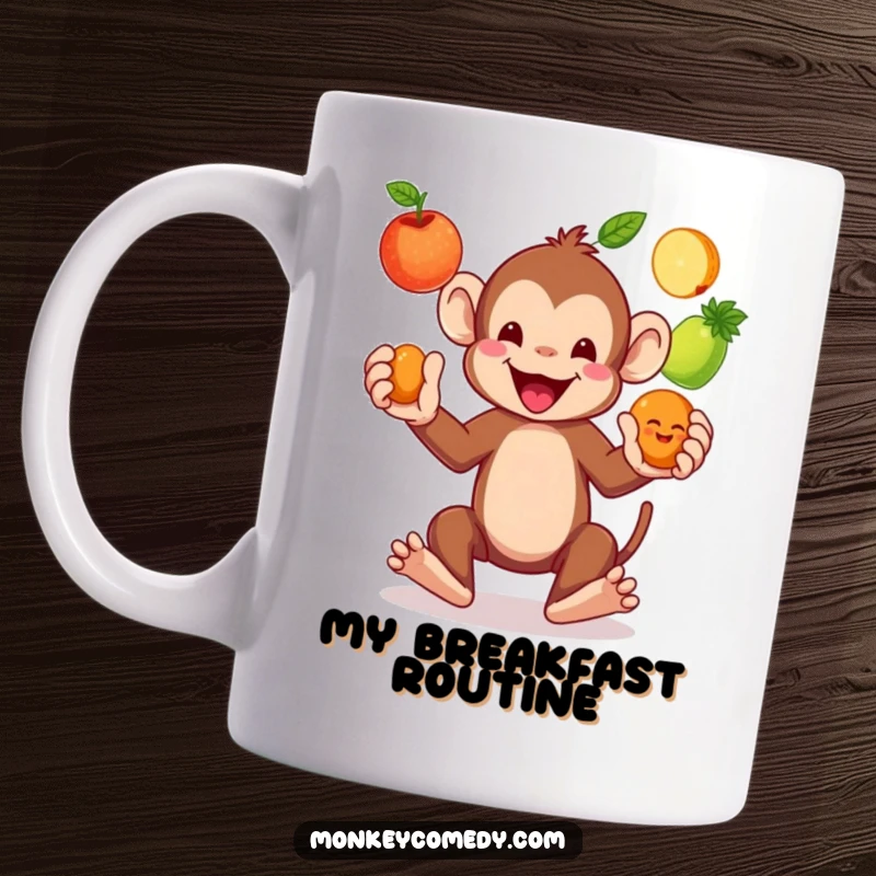 Funny Monkey Juggling Mug: A skilled primate expertly tosses three vibrant fruits, showcasing playful dexterity and a knack for delicious fun.