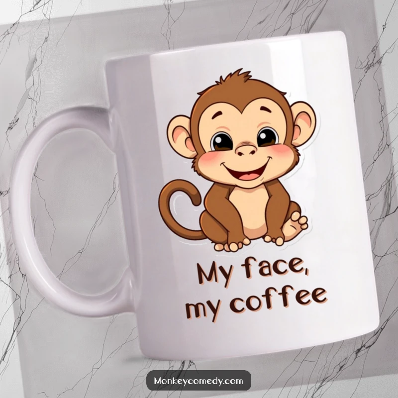 Funny mug featuring a monkey making a comically exaggerated funny face while striking a ridiculous pose, full of playful mischief.