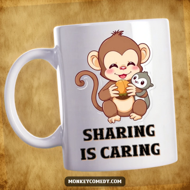Funny Kawaii Monkey Mug: A cute monkey shares a nut with its best friend, spreading warmth and friendship.