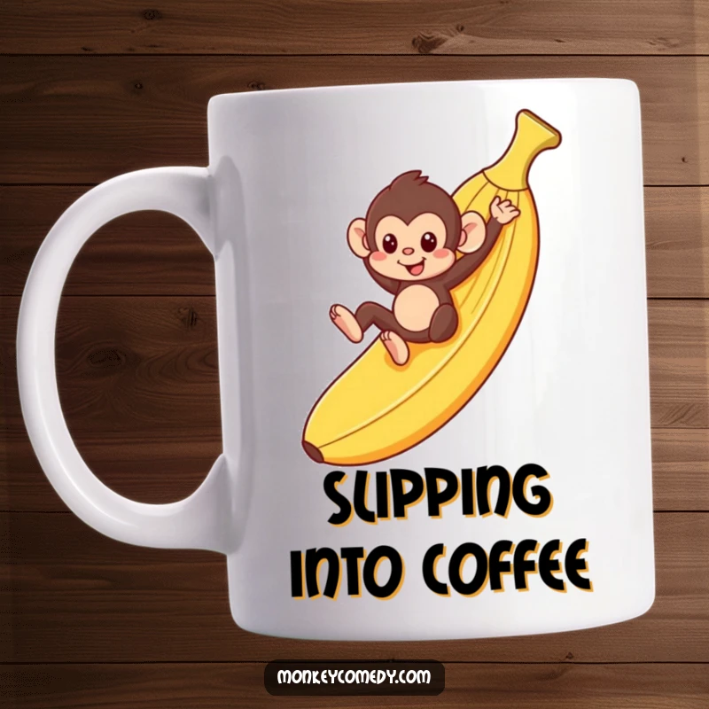 Funny monkey playfully sliding down a giant banana peel on a mug, great funny gift idea.