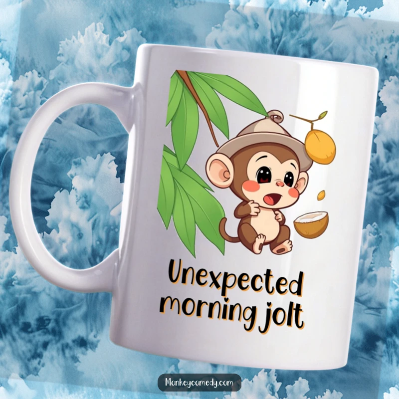Funny surprised monkey mug with a tiny hat and wide eyes looking up at a falling coconut, conveying comical shock.