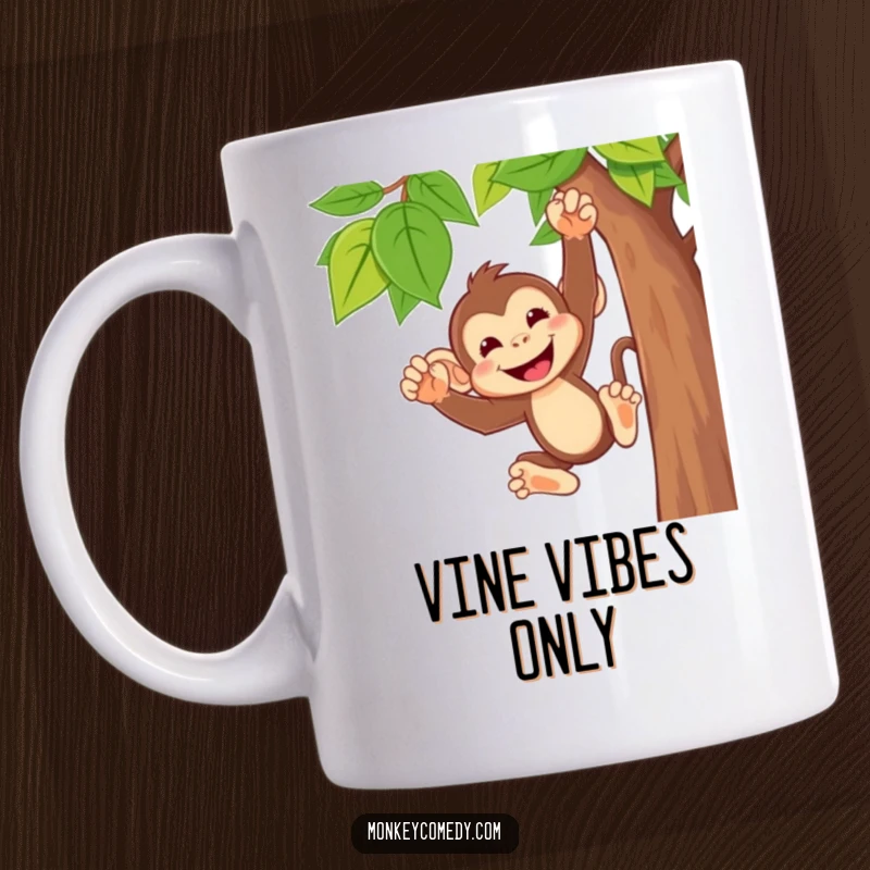 Funny monkey mug featuring a cute character with a wide, cheeky grin, joyfully swinging from a vine, radiating pure happiness.