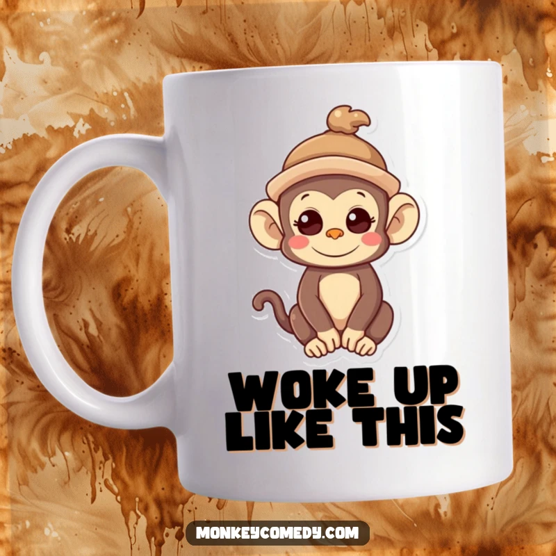 Funny Kawaii Monkey Mug: A cute monkey wears a tiny, crooked hat, exuding quirky charm and adorable humor.