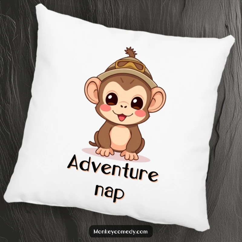 Funny Kawaii Monkey Explorer Pillow: A soft pillow featuring a cute monkey with an explorer hat, looking excited.