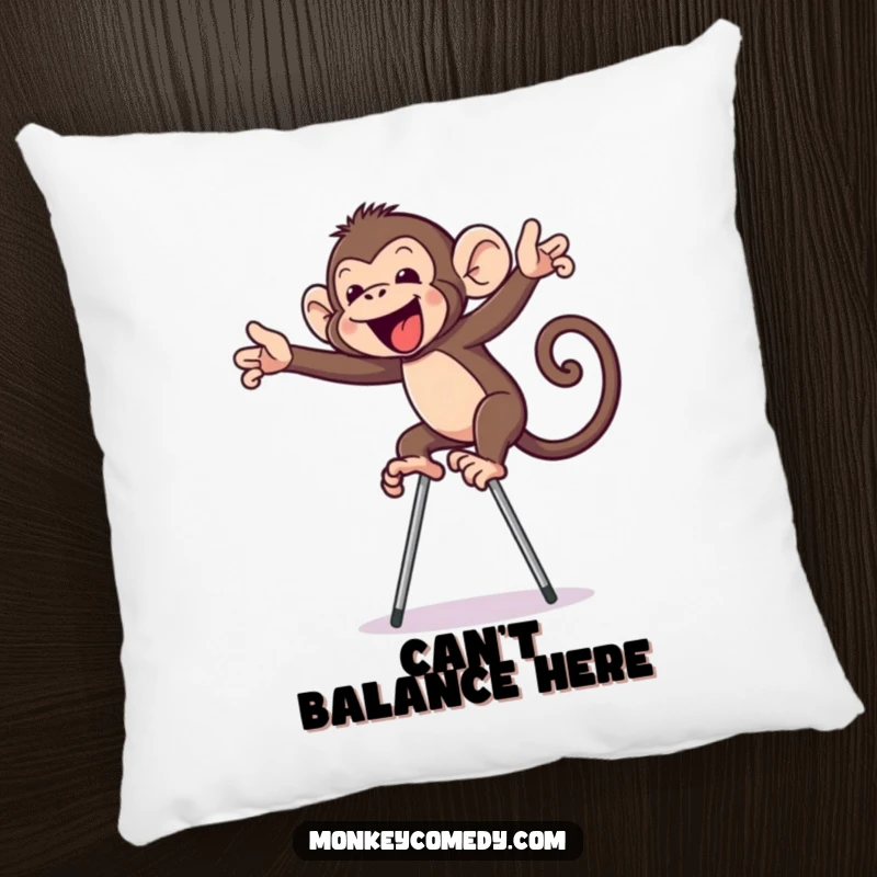 Funny monkey on stilts pillow, a plush cushion featuring a primate comically balancing, bringing comfort and hilarious vibes.
