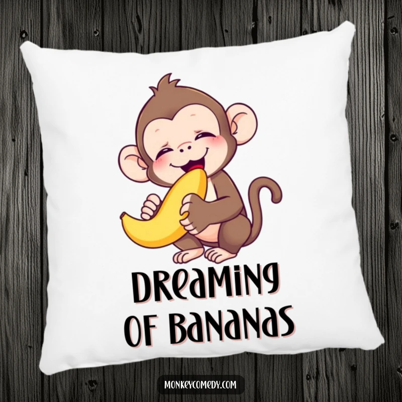 Funny monkey eyes closed in bliss, happily munching a banana, designed for a comfortable and funny pillow gift.