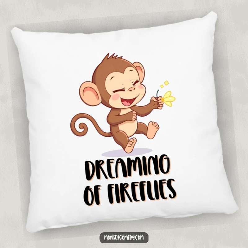 Funny monkey with a mischievous look, chasing a glowing firefly, designed for a comfortable and funny pillow gift.