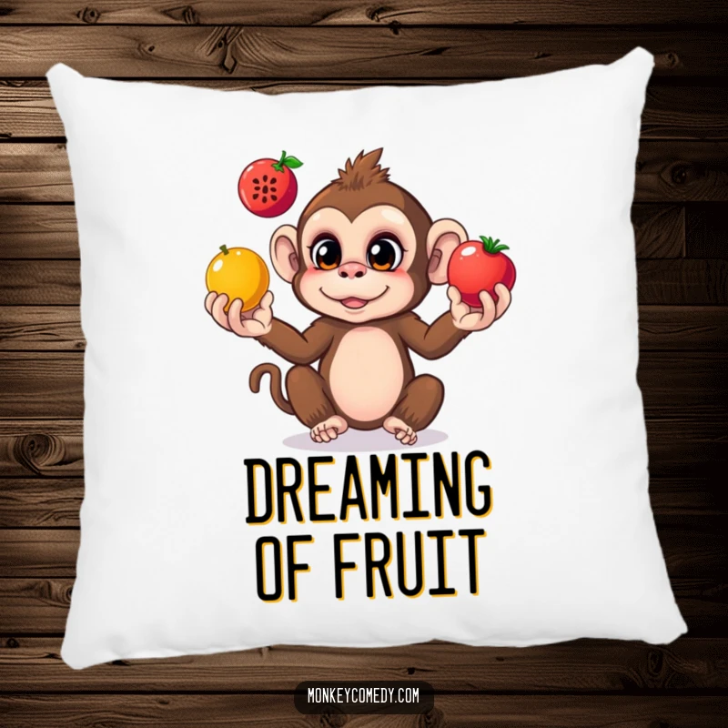 Funny monkey pillow with a curious monkey juggling colorful fruits, offering comfort and jungle-themed humor.