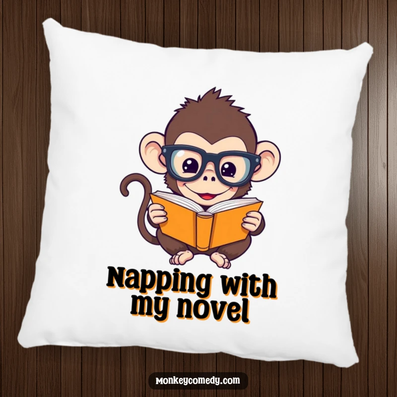 Funny Monkey Pillow: A humorous monkey wearing oversized glasses reads a tiny book, perfect for cozy and intellectual decor.