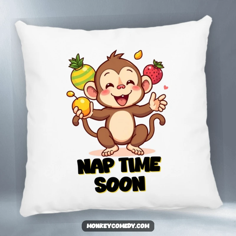 Funny Kawaii Monkey Juggling Colorful Fruits Pillow, a soft cushion with a cheerful monkey tossing fruits, perfect for funny decor and comfort.