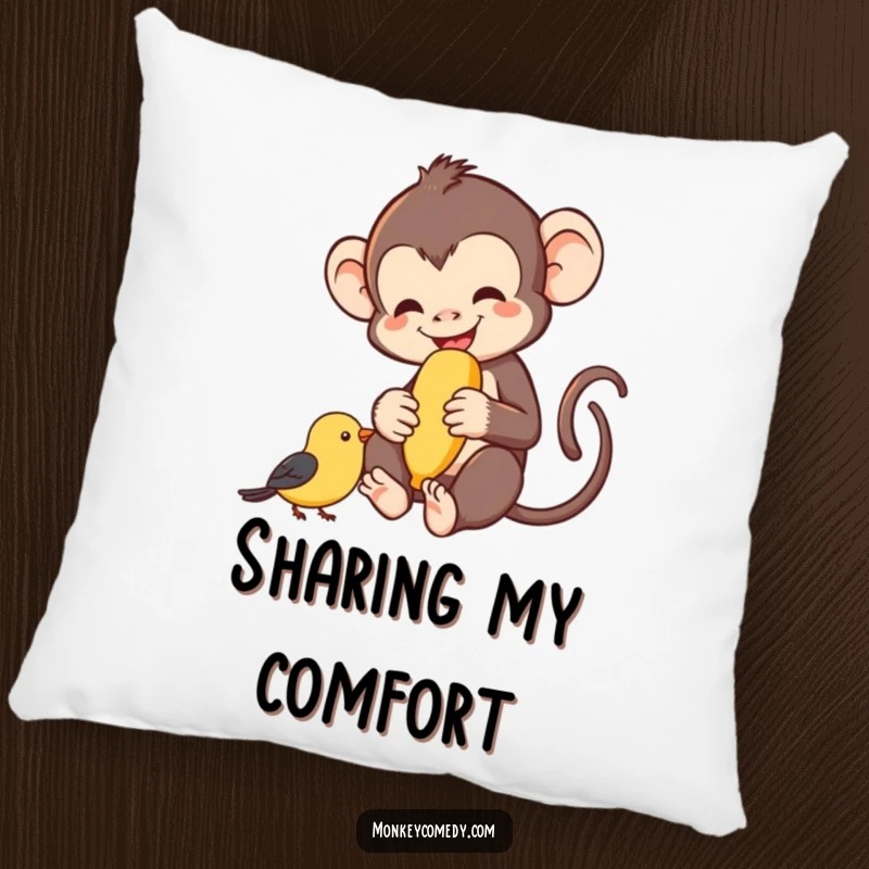Funny monkey sharing a banana with a small bird, happy expressions, soft throw pillow, great funny gift.