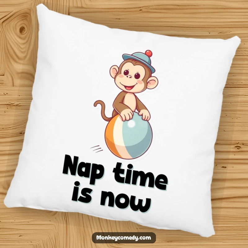 Funny pillow featuring an amusing monkey in a small hat masterfully riding a bouncing ball, adding comfort and humor.