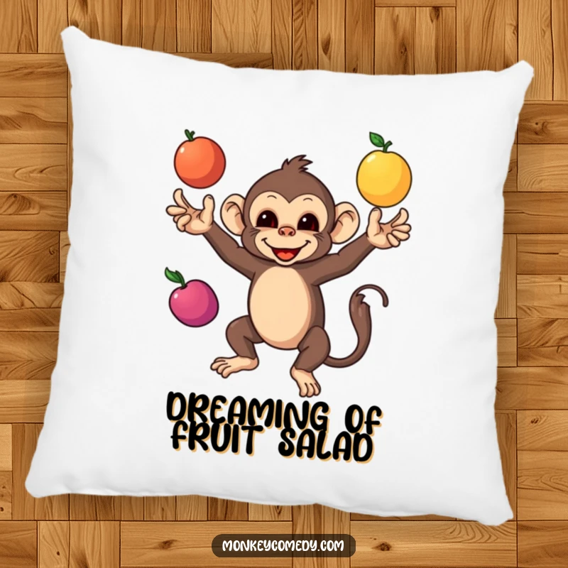 Funny Monkey Pillow featuring a skilled monkey juggling colorful fruits, offering comfort and a dose of playful talent to your home.